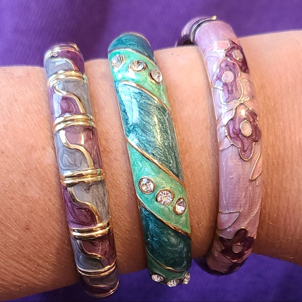 Lot Of 3 Signed JTF Bracelets Bangle Purple Pink Green Enamel Clamper